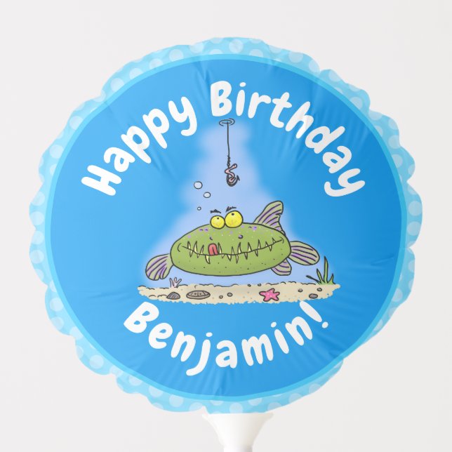 Funny fat hungry green fish fishing cartoon balloon (Front)