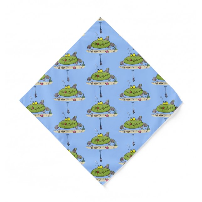 Funny fat hungry green fish fishing cartoon  bandana (Front)