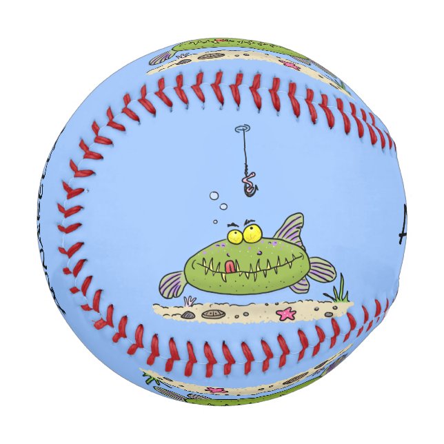 Funny fat hungry green fish fishing cartoon baseball (Front Left)