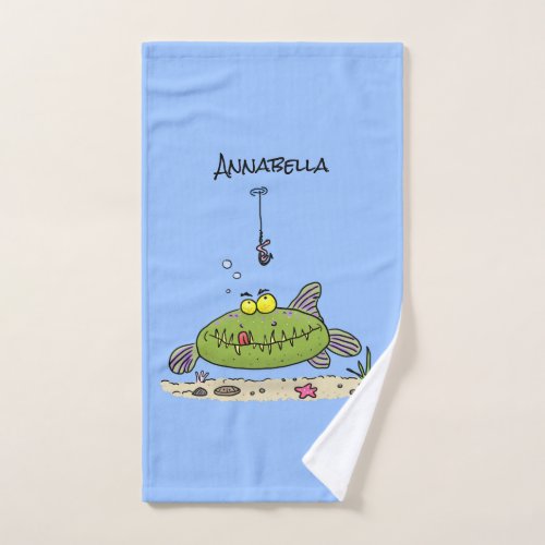 Funny fat hungry green fish fishing cartoon bath towel set