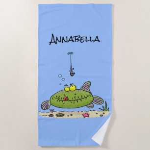 Funny fat hungry green fish fishing cartoon beach towel