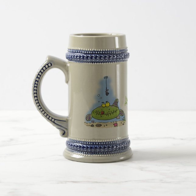 Funny fat hungry green fish fishing cartoon beer stein (Left)