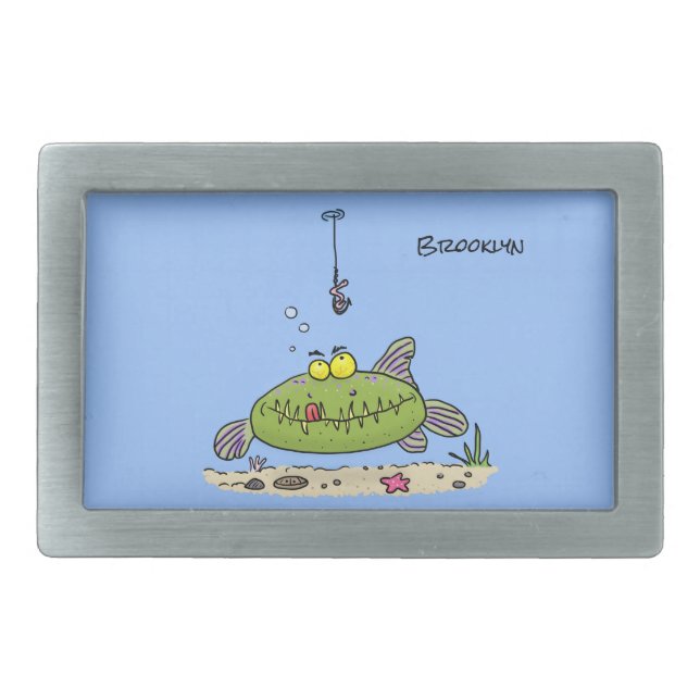 Funny fat hungry green fish fishing cartoon belt buckle (Front)