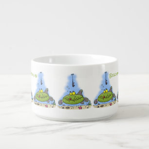 Funny fat hungry green fish fishing cartoon bowl