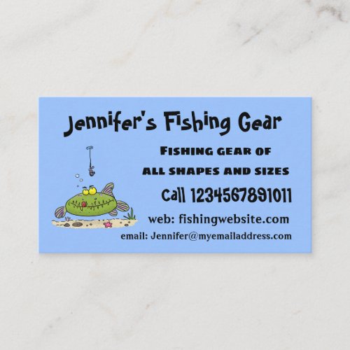 Funny fat hungry green fish fishing cartoon business card