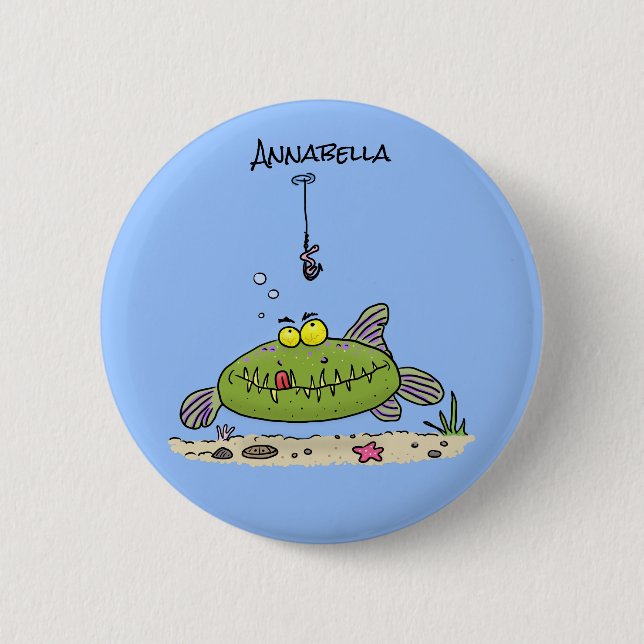 Funny fat hungry green fish fishing cartoon button (Front)