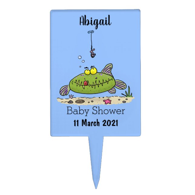 Funny fat hungry green fish fishing cartoon cake topper (Front)