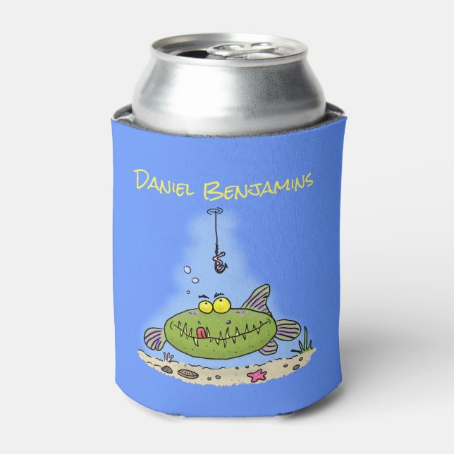 Funny fat hungry green fish fishing cartoon can cooler (Can Front)