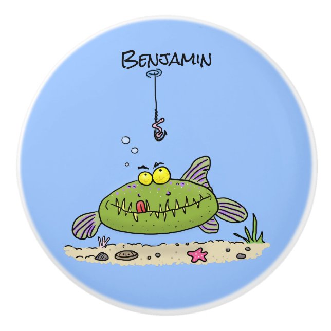 Funny fat hungry green fish fishing cartoon ceramic knob (Front)