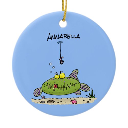 Funny fat hungry green fish fishing cartoon ceramic ornament