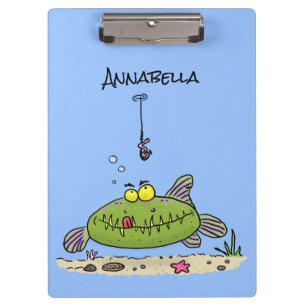 Funny fat hungry green fish fishing cartoon clipboard