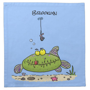 Funny fat hungry green fish fishing cartoon cloth napkin