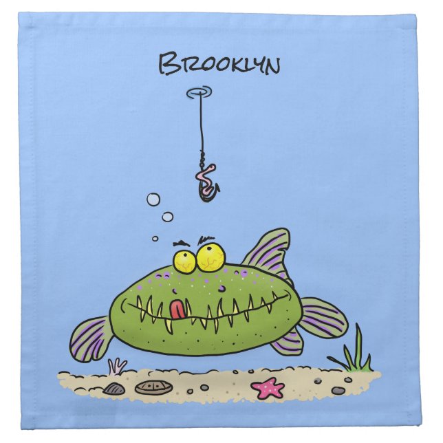Funny fat hungry green fish fishing cartoon cloth napkin (Front)