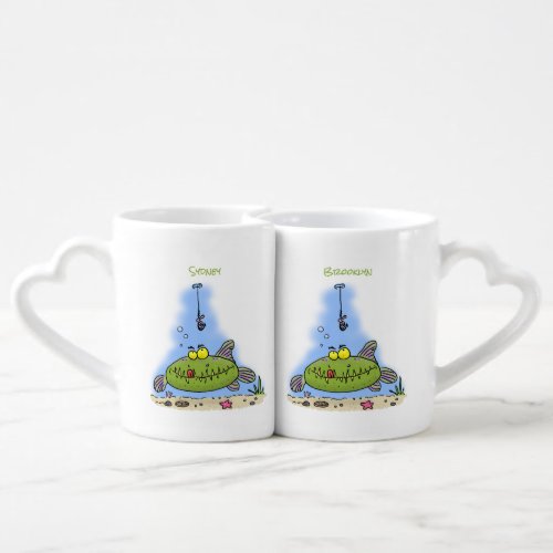 Funny fat hungry green fish fishing cartoon coffee mug set