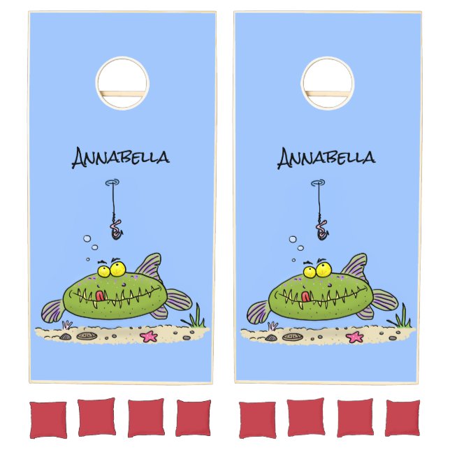 Funny fat hungry green fish fishing cartoon cornhole set (Set)