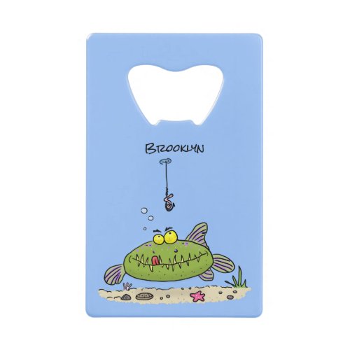 Funny fat hungry green fish fishing cartoon credit card bottle opener