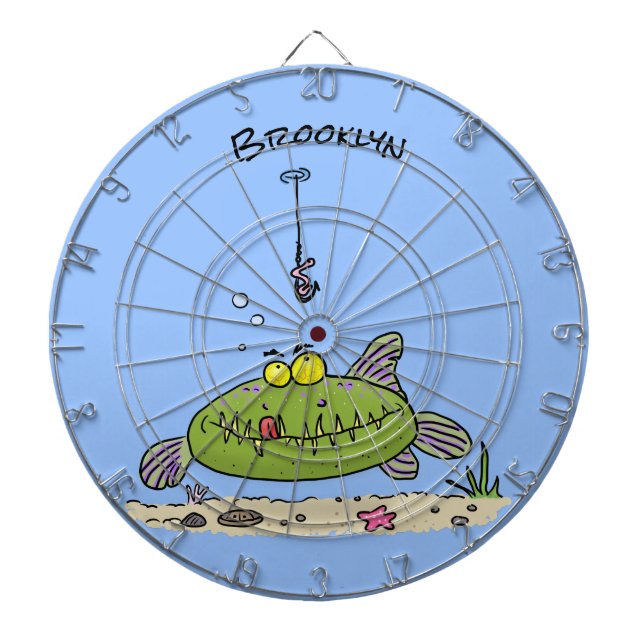 Funny fat hungry green fish fishing cartoon dart board (Front)