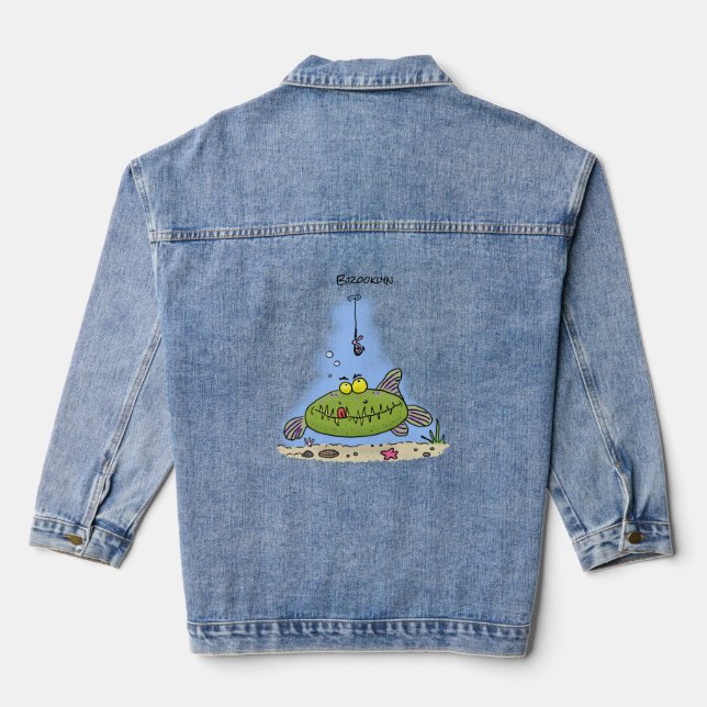 Funny fat hungry green fish fishing cartoon denim jacket (Back)