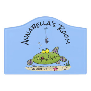 Funny fat hungry green fish fishing cartoon door sign