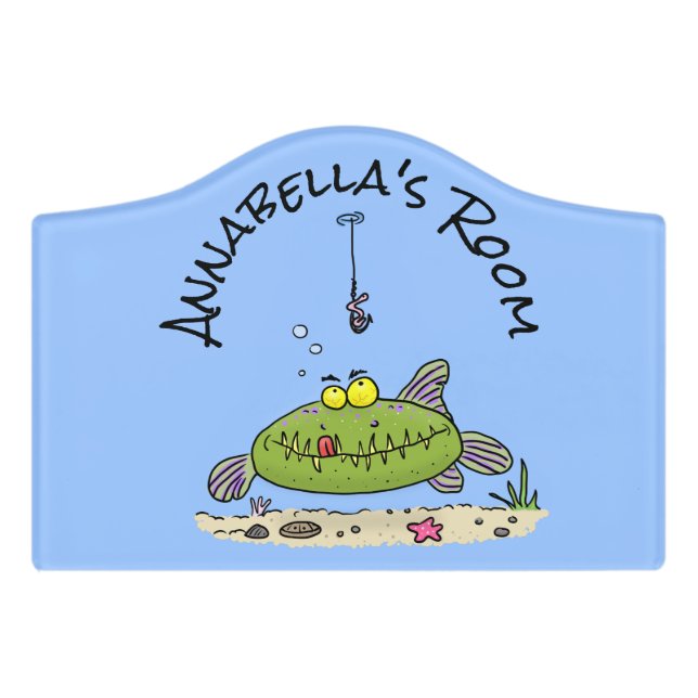 Funny fat hungry green fish fishing cartoon door sign (Small Crest Front)