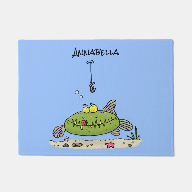 Funny fat hungry green fish fishing cartoon doormat (Front)
