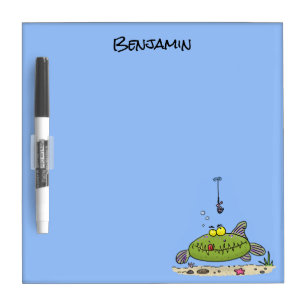 Funny fat hungry green fish fishing cartoon dry erase board