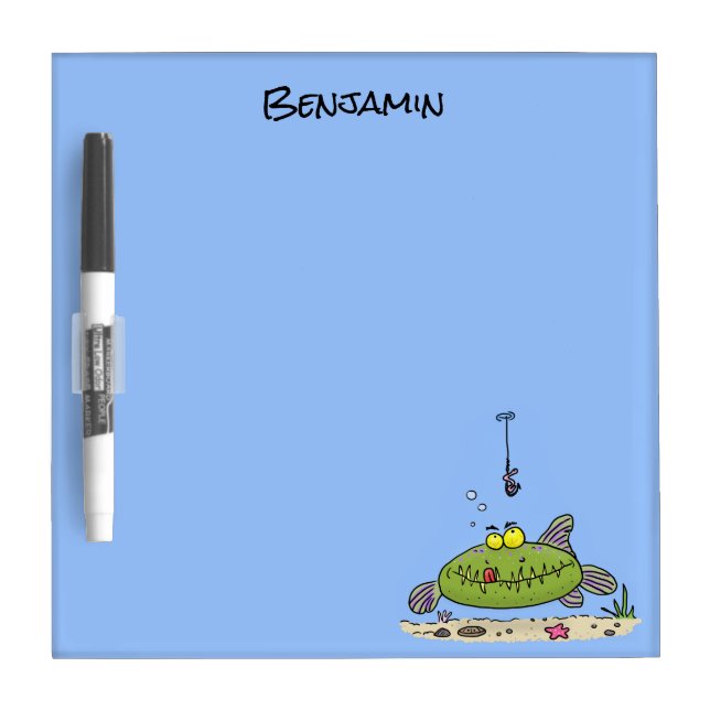 Funny fat hungry green fish fishing cartoon dry erase board (Front)