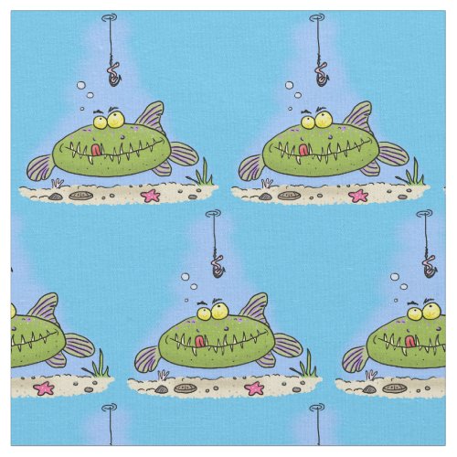 Funny fat hungry green fish fishing cartoon fabric