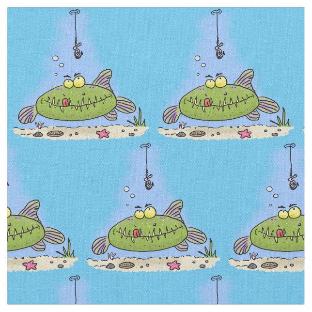 Funny fat hungry green fish fishing cartoon fabric (Close Up)