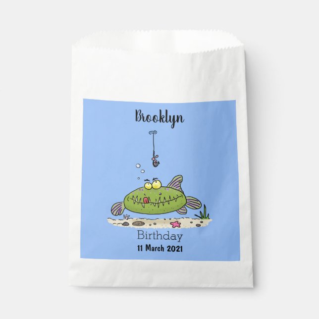 Funny fat hungry green fish fishing cartoon favor bag (Front)