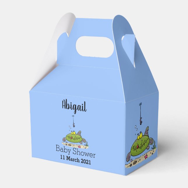Funny fat hungry green fish fishing cartoon favor boxes (Front Side)