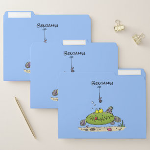 Funny fat hungry green fish fishing cartoon file folder