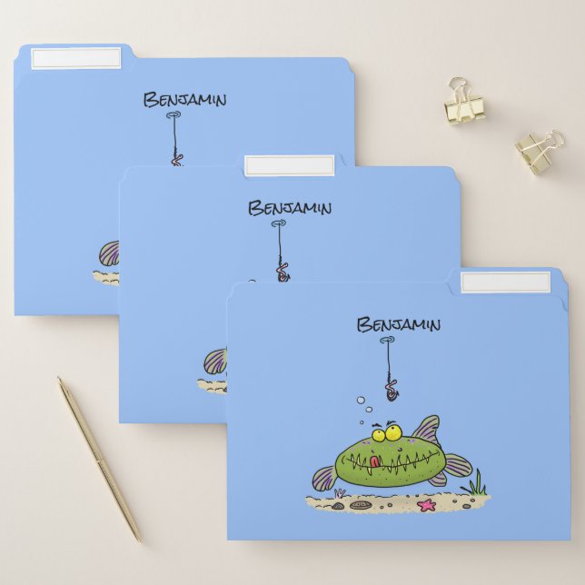Funny fat hungry green fish fishing cartoon file folder (Set)