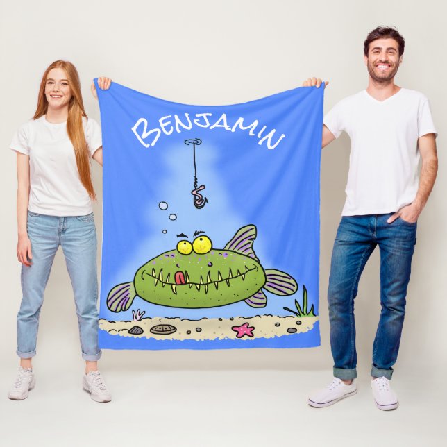Funny fat hungry green fish fishing cartoon fleece blanket (In Situ)