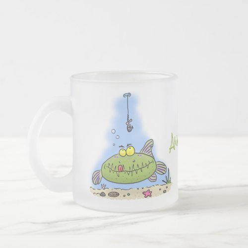 Funny fat hungry green fish fishing cartoon frosted glass coffee mug