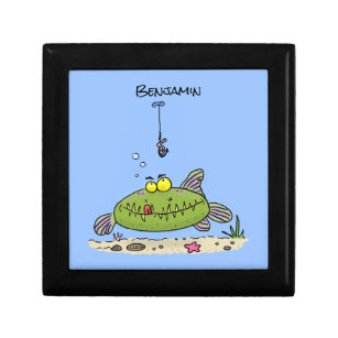 Funny fat hungry green fish fishing cartoon gift box