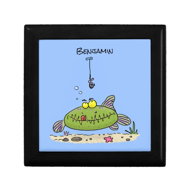Funny fat hungry green fish fishing cartoon gift box (Front)