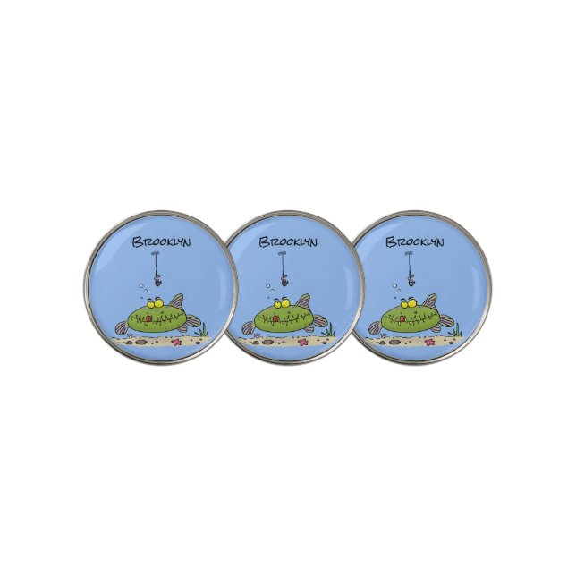 Funny fat hungry green fish fishing cartoon golf ball marker (3 Up)