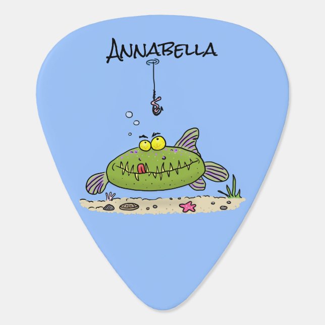 Funny fat hungry green fish fishing cartoon  guita guitar pick (Back)