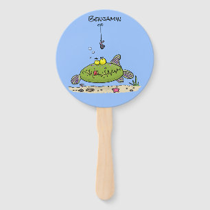 Funny fat hungry green fish fishing cartoon hand fan