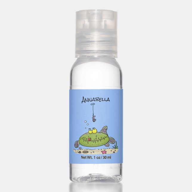 Funny fat hungry green fish fishing cartoon hand sanitizer (Front)
