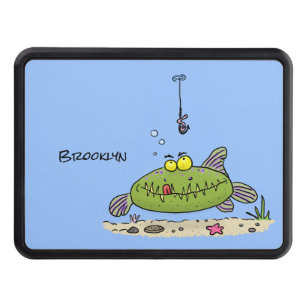 Funny fat hungry green fish fishing cartoon hitch cover