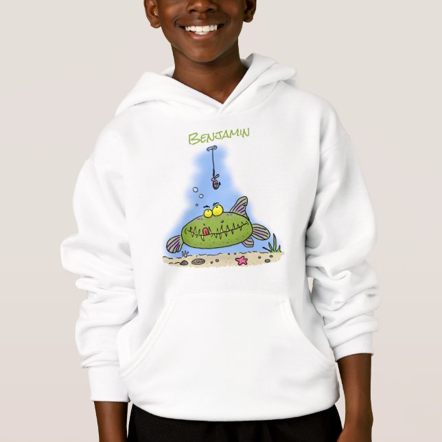Funny fat hungry green fish fishing cartoon hoodie (Front)