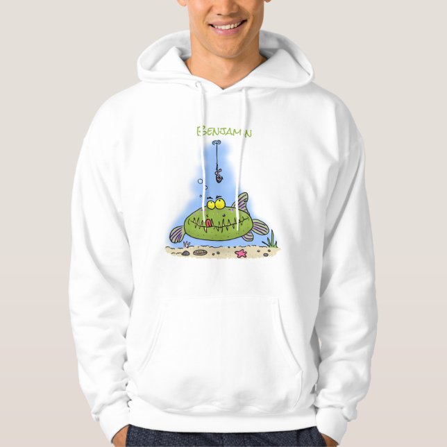 Funny fat hungry green fish fishing cartoon hoodie (Front)