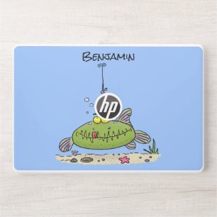 Funny fat hungry green fish fishing cartoon HP laptop skin