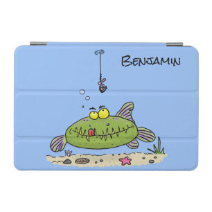 Funny fat hungry green fish fishing cartoon iPad mini cover