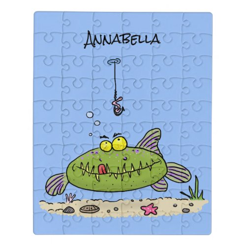 Funny fat hungry green fish fishing cartoon jigsaw puzzle