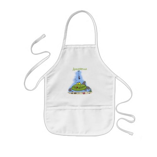 Funny fat hungry green fish fishing cartoon kids apron