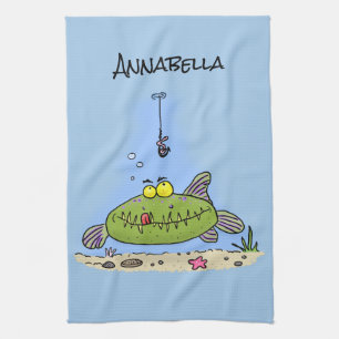 Funny fat hungry green fish fishing cartoon kitchen towel