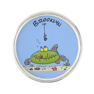 Funny fat hungry green fish fishing cartoon lapel pin